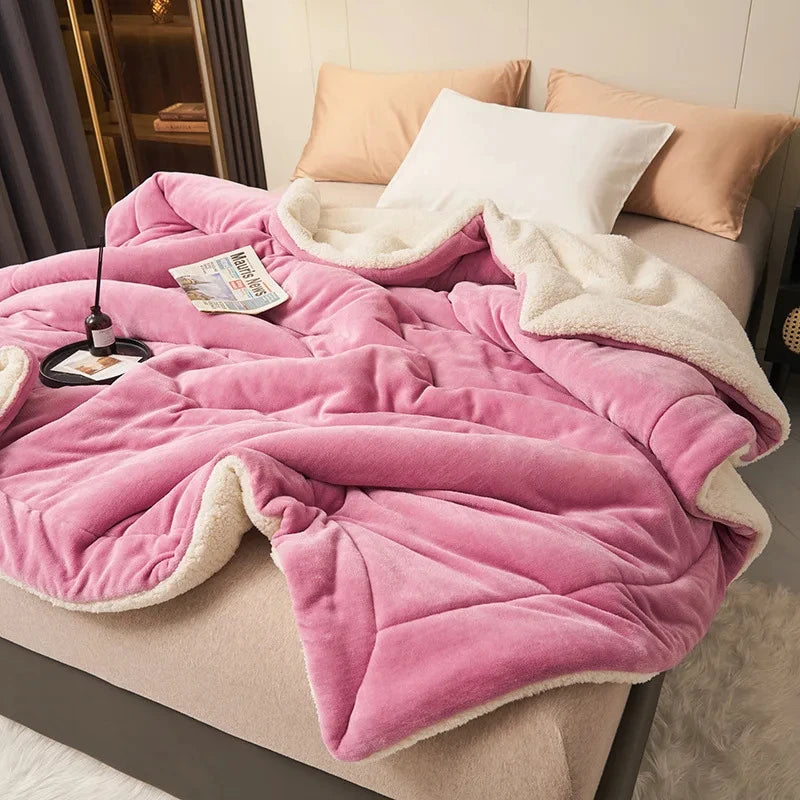 Double Layer Lamb Plush Blanket Winter Soft Fleece Throw
