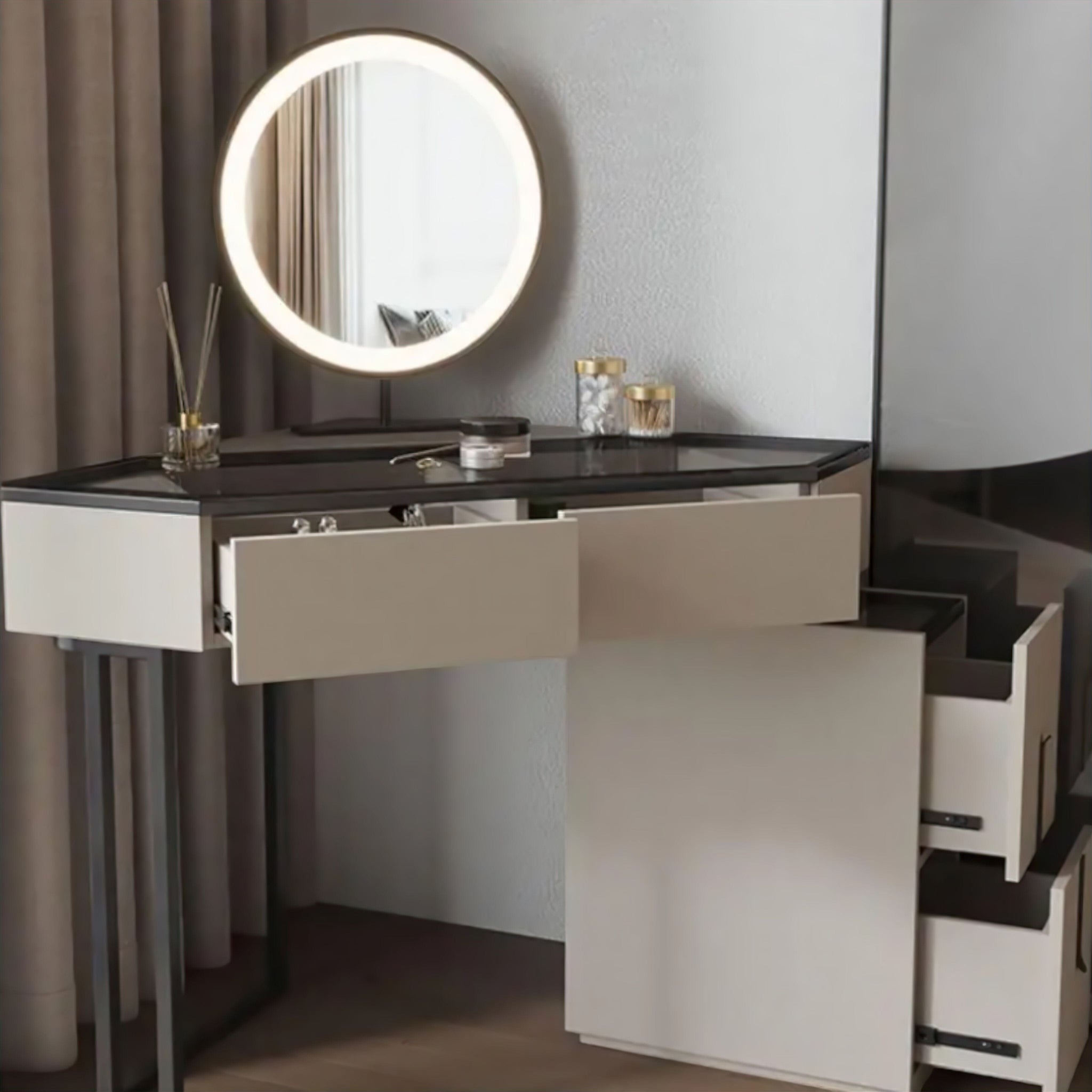 Luxury Triangle Corner Vanity | LED Mirror and 4-Drawer Makeup Table ...