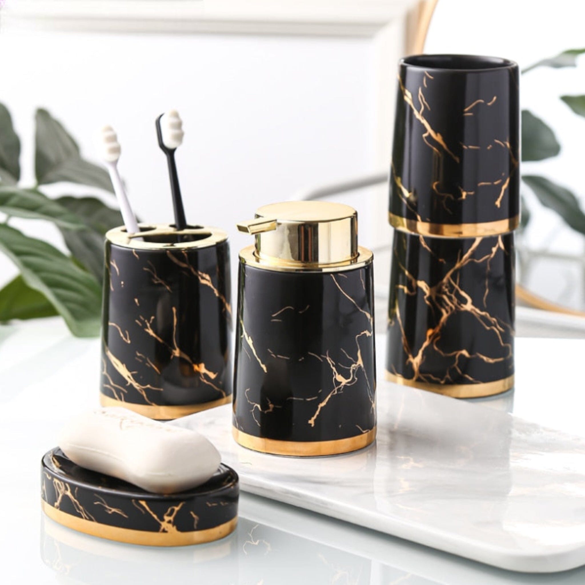 Marble Look Bathroom Accessories Set Bathroom Accessories Black - 5 x Piece Set 