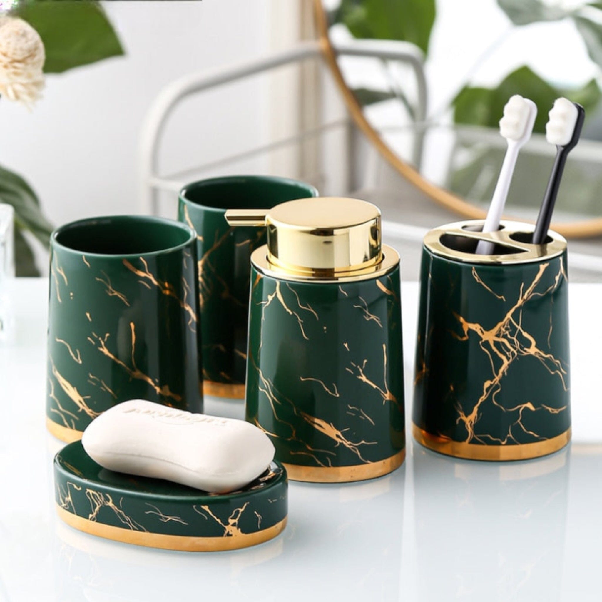 Marble Look Bathroom Accessories Set Bathroom Accessories Emerald Green - 5 x Piece Set 