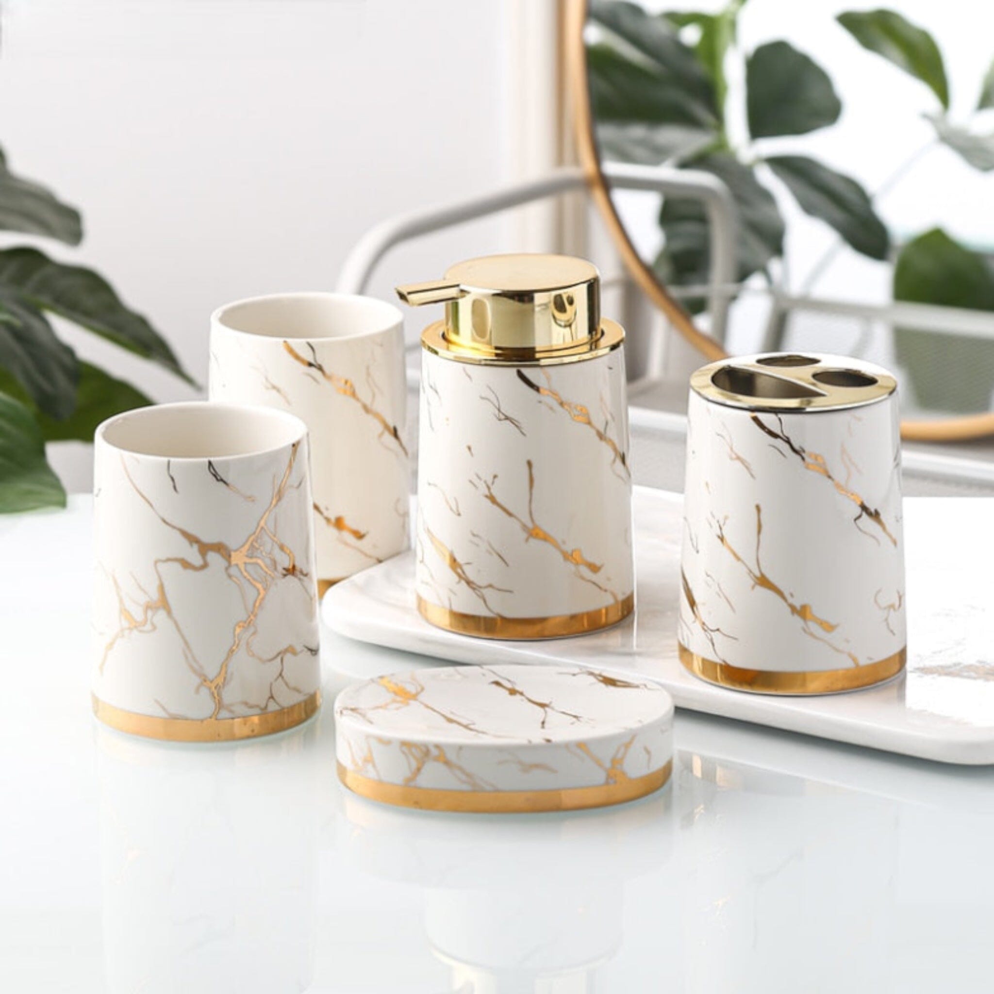 Marble Look Bathroom Accessories Set Bathroom Accessories Snow White - 5 x Piece Set 