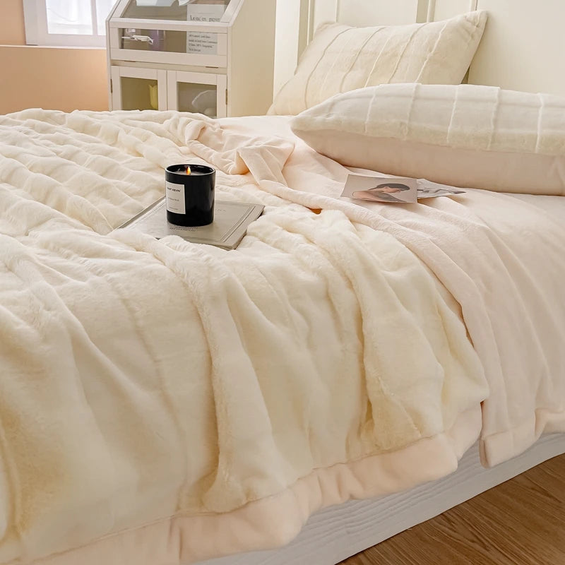 Mink Hair Blanket Thicken Warm Bedspread High Quality Rabbit Velvet Faux Fur Home Linen Grid Flannel Cover Wedding Gift Nap New 