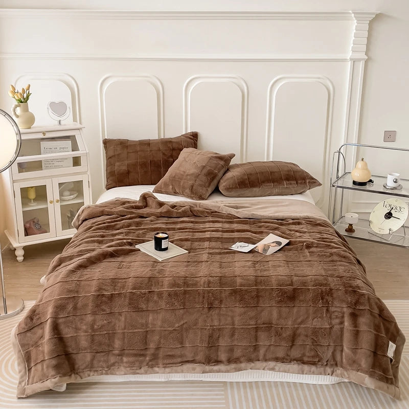 Mink Hair Blanket Thicken Warm Bedspread High Quality Rabbit Velvet Faux Fur Home Linen Grid Flannel Cover Wedding Gift Nap New camel two pillowcase 