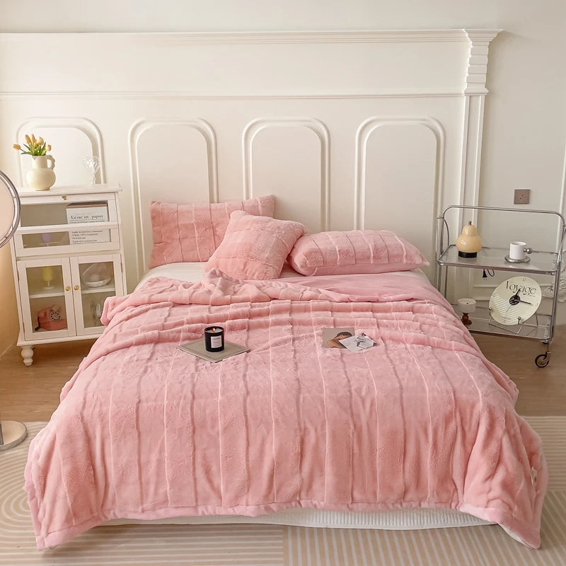 Mink Hair Blanket Thicken Warm Bedspread High Quality Rabbit Velvet Faux Fur Home Linen Grid Flannel Cover Wedding Gift Nap New pink girl 100x150cm 