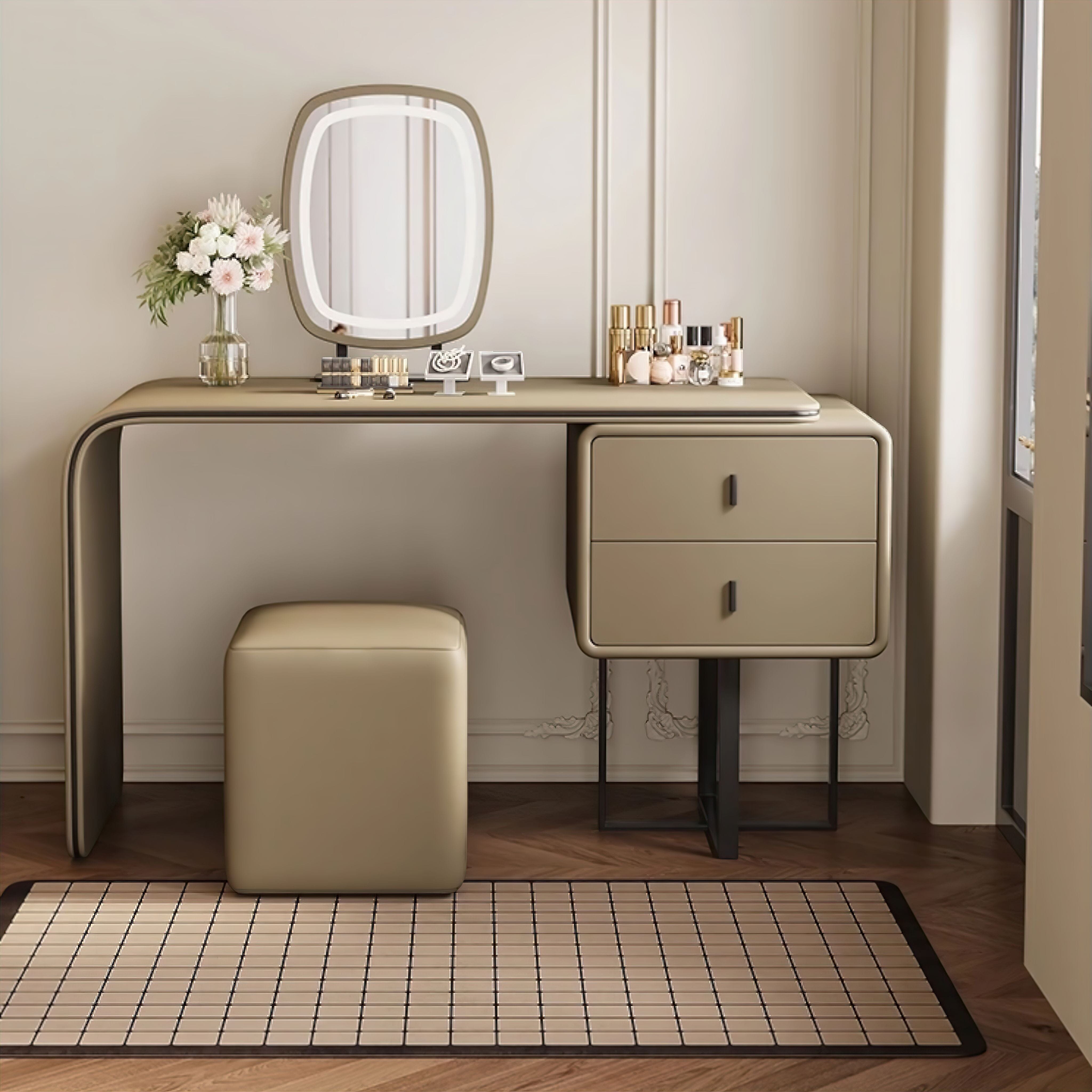 dressing table beige Minimalism Glass Vanity Table with Mirror & Stool 5 Drawers Beige Dressing Table