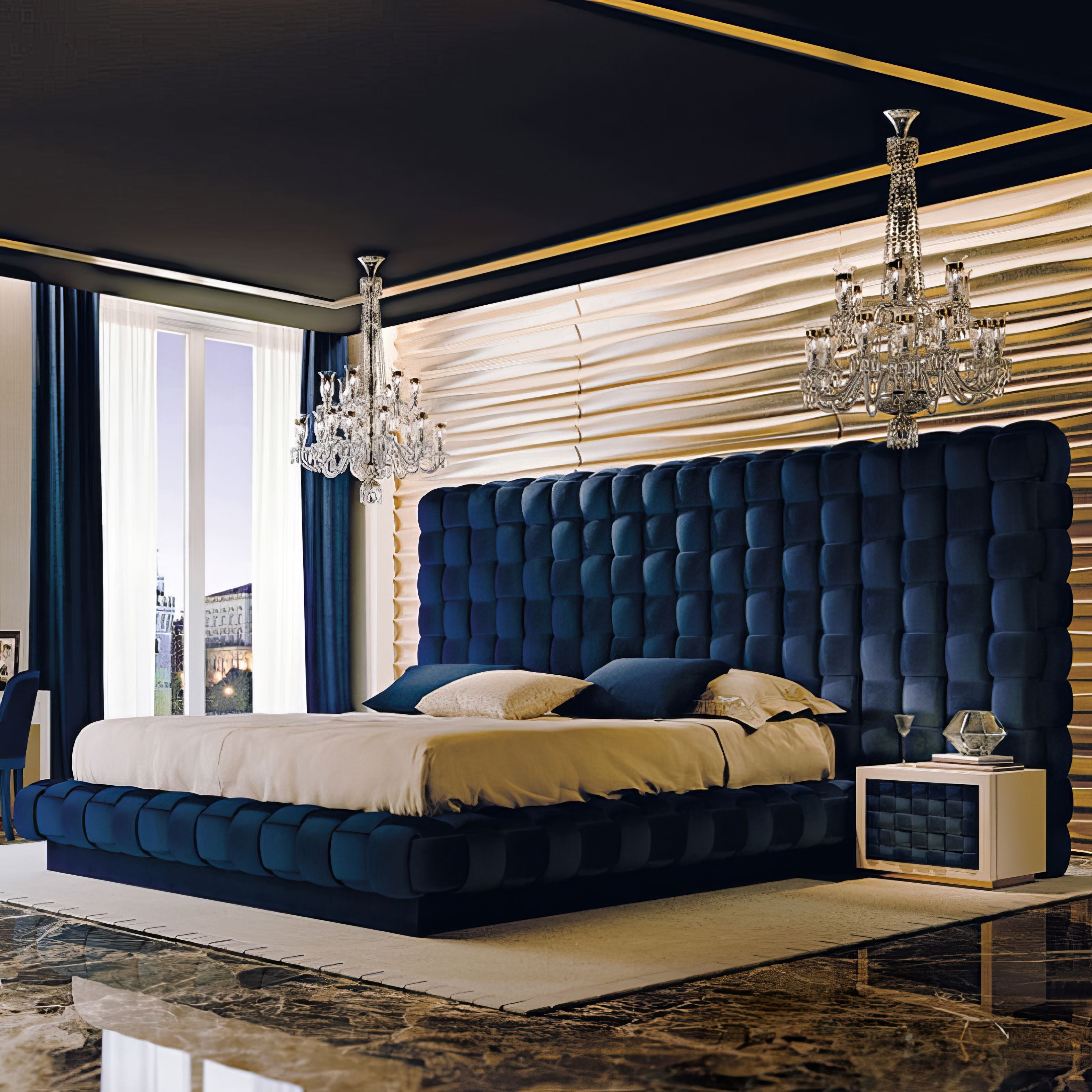 Luxurious King Bed Super Large Modern Double Bed in Elegant Blue