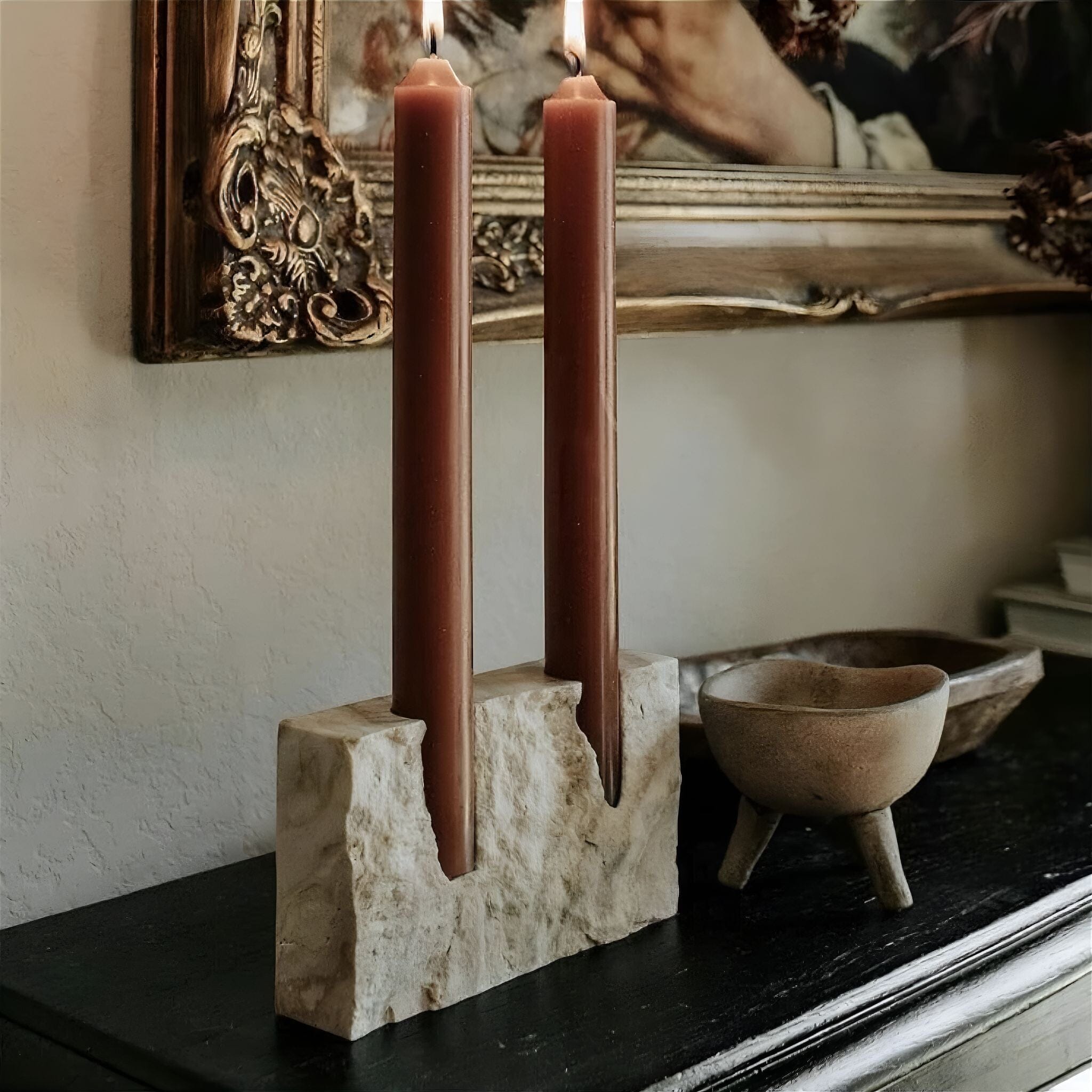 Twin Travertine Candle Holder 
