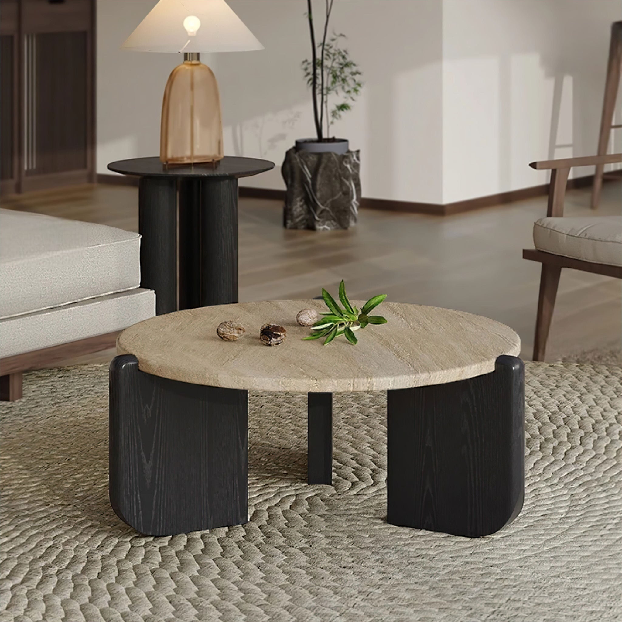 Yolande Travertine Coffee Table Black 50cm (Side table) 